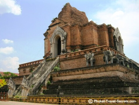 Naga Serpent staircase and remaining elephant statues on Wat Chedi Luang. Naga Serpent staircase and remaining elephant statues on Wat Chedi Luang.