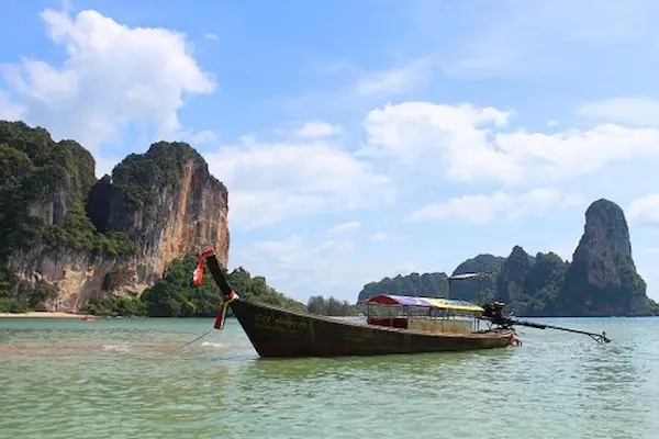 Longtail boat arriving at Ton Sai Bay Krabi. Longtail Boat Ton Sai Beach